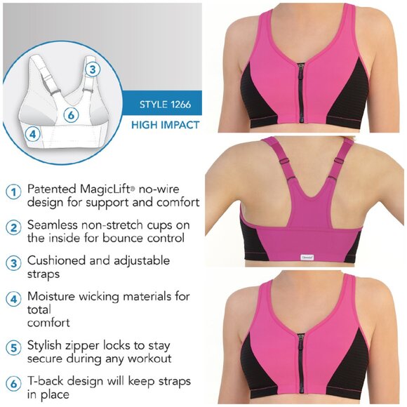 Set of 3! 42B Glamorise SPORT Bra (HIGH-IMPACT) Pink (RACERBACK) T-Back Zip NEW - Picture 1 of 16